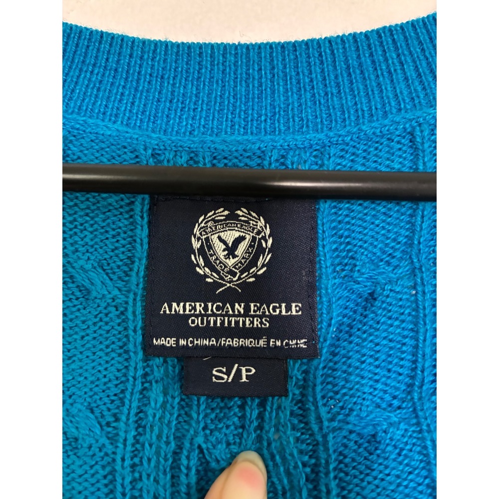 Y2K American Eagle Blue Cable Knit V-Neck Sweater S Turquoise Long‎ Sleeve Slim - Picture 2 of 7